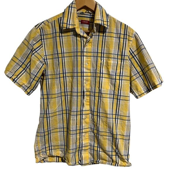 IZOD Mens Yellow and Blue Plaid Short Sleeve Button Down Shirt, Size Small - Picture 1 of 8